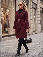 Elegantný dámsky kabát s výstrihom a opaskom v bordovej farbe, FashionStreet NY0786