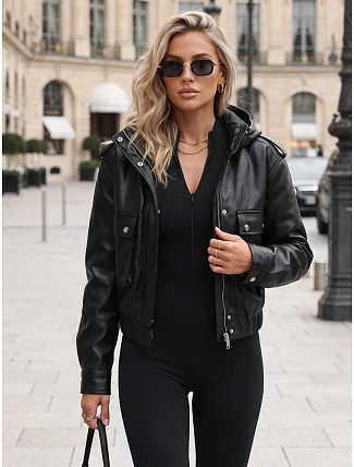 Dámska kožená bunda s kapucňou, čierna, FashionStreet TY5876 Dámska kožená bunda s kapucňou, čierna, FashionStreet TY5876