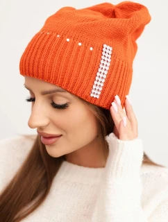 Dámska zimná pletená čiapka s kryštálmi K453 oranžová