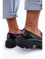 Półbuty Loafersy Damskie Skórzane Na Płaskim Obcasie Czarno-Fioletowe Elkiza
