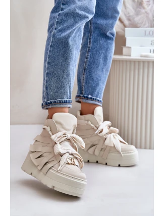Skórzane Sneakersy Damskie Na Masywnej Platformie CheBello 4561 Beżowe