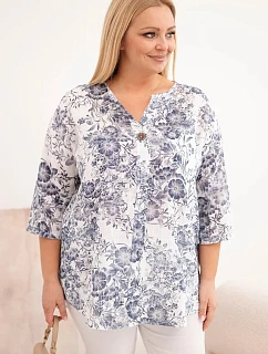 Dámska bavlnená blúzka plus size s krátkymi rukávmi a ozdobným gombíkom biela