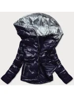 Tmavo modrá prešívaná dámska bunda s kapucňou (B9562)