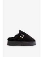 Kapcie Damskie Na Grubej Podeszwie Z Futerkiem I Klamrą Czarne Linneola