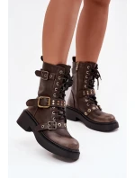 Ocieplane Botki Workery Damskie Z Klamrami Brązowe Marisse