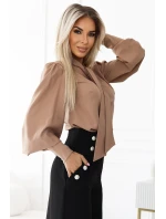 578-1 Jedinečná blúzka s dlhými rukávmi, viazaním a gombíkmi - karamelová farba - moka pena