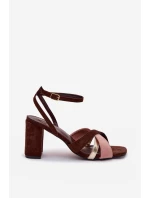 Dámské sandály na podpatku s pásky Eko semišové čokoládové Karilora