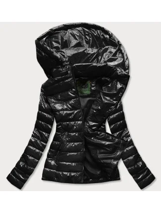 Krátka čierna prešívaná dámska bunda s kapucňou (CAN-333)