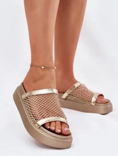 Zdobione Klapki Damskie Na Platformie Z Siateczką S.Barski MY51-016 Złote