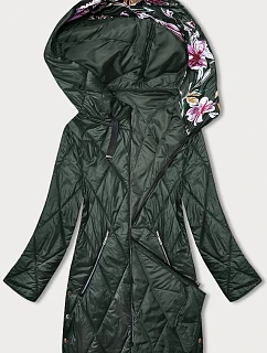 Dámska bunda s ozdobnou kapucňou tmavozelená (B8215-10)