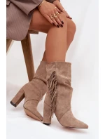 Dámské kotníkové boty na podpatku s třásněmi a stahováním vyhřívané béžové Darlina
