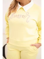 Dámska súprava nadmerných veľkostí so širokými nohavicami a golierom žltá Dámska súprava nadmerných veľkostí so širokými nohavicami a golierom žltá