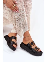 Eko Skórzane Klapki Damskie Na Platformie Z Klamrami Czarne Xanivia