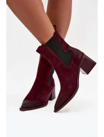 Skórzane Zamszowe Botki Damskie Na Słupku Ocieplane Artiker 57C0048 Bordowe