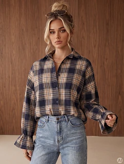 Voľná dámska kockovaná košeľa s volánikmi, tmavomodrá, FashionStreet DY0513