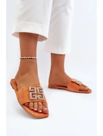 Klapki Damskie Na Płaskim Obcasie Z Ozdobą Pomarańczowe Inaile