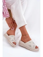 Skórzane Klapki Damskie Na Koturnie Vinceza 41477 Beżowe