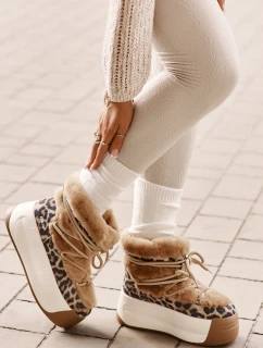 Skórzane Śniegowce Damskie Na Grubej Podeszwie Z Futerkiem Panterka Big Star OO274A208 Brązowe