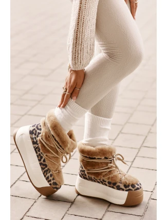Skórzane Śniegowce Damskie Na Grubej Podeszwie Z Futerkiem Panterka Big Star OO274A208 Brązowe