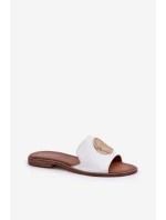 Skórzane Klapki Z Ozdobą Na Płaskim Obcasie Zazoo 3047/O Białe