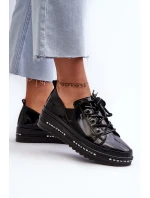 Sznurowane Półbuty Damskie Na Platformie Skóra Naturalna S.Barski LR620 Czarne