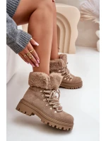Sznurowane Trapery Damskie Z Futerkiem Ciemnobeżowe Vaminia
