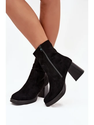 Botki Damskie Na Słupku Z Eko Zamszu Zamek Czarne Serinna