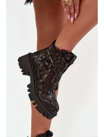 Skórzane Botki Damskie Z Ozdobą Ocieplane Artiker 57C2084 Czarno-Złote