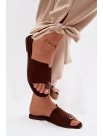 Dámské ploché pantofle s ozdobným detailem z eko semiše Čokoládové Selavine