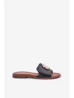 Skórzane Klapki Z Ozdobą Na Płaskim Obcasie Zazoo 3047/O Czarne