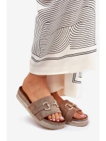 Klapki Damskie Na Platformie Ze Złotą Ozdobą I Brokatem Khaki Morisela