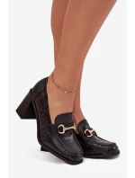 Półbuty Damskie Na Słupku Z Tłoczeniem I Złotym Detalem Czarne Novella