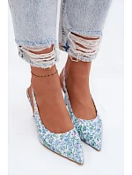 Ozdobené dámské sandály na jehlovém podpatku s květinovým vzorem modré Olivelle