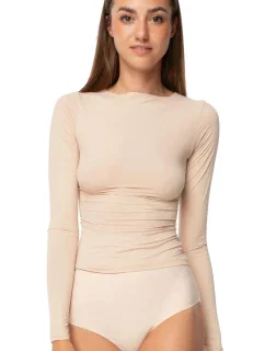 Dámske jednoduché tričko s dlhým rukávom béžovej farby - JULIMEX