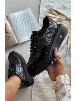 Skórzane Sznurowane Półbuty Damskie Na Platformie Artiker 57C2043 Czarno-Srebrne