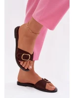 Dámské pantofle na ploché podrážce se zlatou sponou čokoládové Selivelle