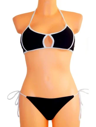 Dámske plavky dvojdielne sexi bikiny Sultry polstrované košíčky zdobené bielymi lemami čierne - Čierna - OEM