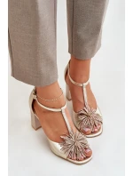 Sandały Skórzane Na Słupku Z Ozdobą Laura Messi 2758 Złote