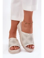 Skórzane Klapki Damskie Na Koturnie Vinceza 41477 Beżowe