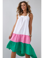 Letné šaty bez ramienok s dlhším chrbtom v ružovej a zelenej farbe