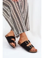 Klapki Damskie Na Korkowej Platformie Ze Złotymi Klamrami Czarne Lisavionea