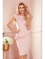 Elegantné dámske midi šaty v púdrovo ružovej farbe s volánikom 192-13