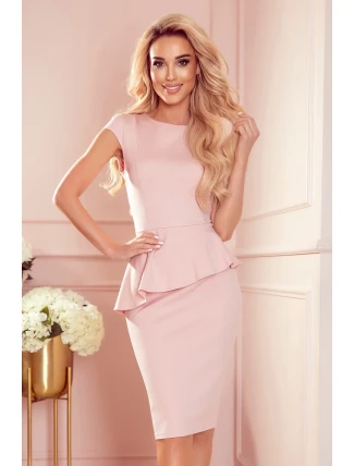 Elegantné dámske midi šaty v púdrovo ružovej farbe s volánikom 192-13