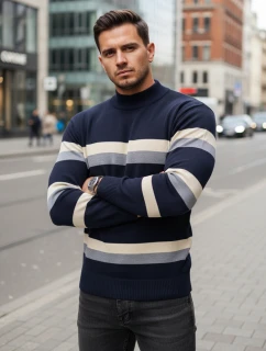 Pánsky pruhovaný sveter s polovičným rolákom tmavomodrý FashionStreet WX2126