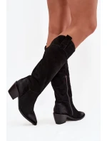 Dámské kožené cowboy kozačky na podpatku z přírodního semiše Artiker 57C0232 Černé