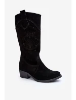 Zazoo 4043 Zamszowe Kozaki Na Niskim Obcasie Ażurowe Czarne