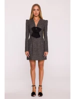 M869 Tvídové šaty s výstrihom do V - čierne