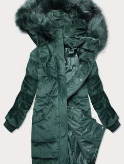 Dámska manšestrová zimná bunda s kapucňou fľaškovo zelená (7764)