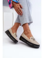 Błyszczące Mokasyny Damskie Skórzane Na Platformie S.Barski LR400 Złote