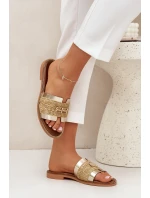 Skórzane Klapki Z Ozdobnym Detalem I Plecionką Zazoo 40426 Złote